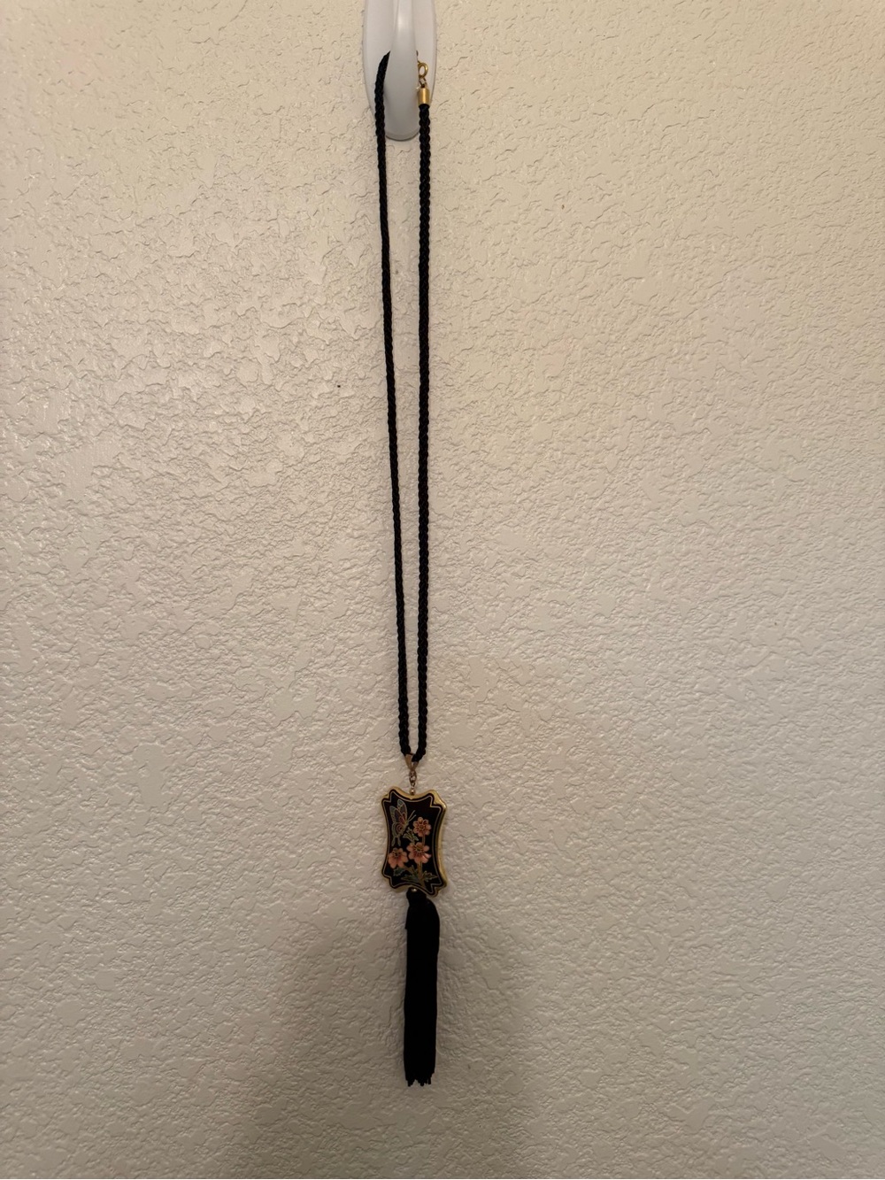 Black Beaded Tassel Necklace with Floral Pendant